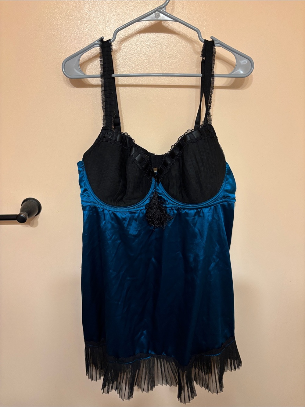 Teal Satin & Black Lace Trim Slip Chemise